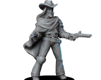 May include: A gray plastic miniature figurine of a cowboy with a long beard, wearing a hat, a long coat, and holding two pistols. The figurine is standing on a black base.