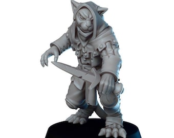 May include: A grey painted miniature figurine of a cat-like humanoid wearing a hooded cloak and holding a dagger. The figurine is standing on a black base.