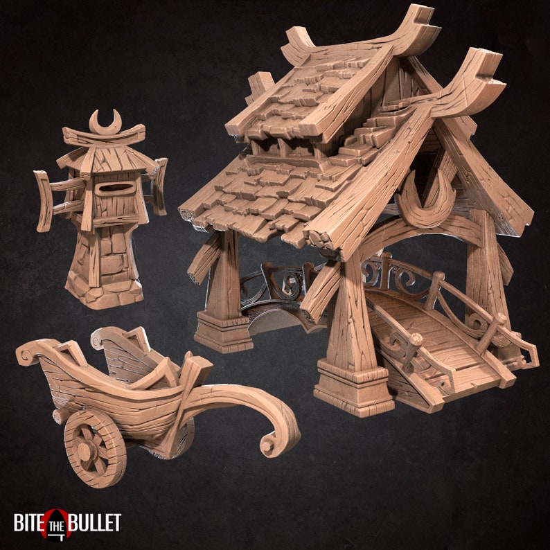 May include: A set of three wooden miniature structures, including a bridge with a roof, a mailbox, and a small cart. The structures are painted in a light brown color and have intricate details.