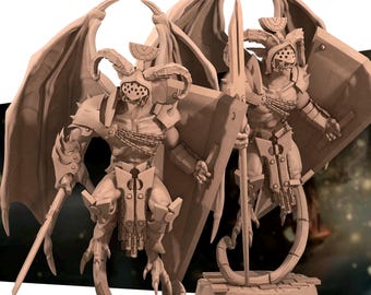 Può includere: Due figure in miniatura dettagliate di demoni alati con corna, armature e armi. Le figure sono in posa dinamica, una tiene una lancia e l'altra una spada. Le figure sono realizzate in plastica marrone chiaro e hanno una superficie testurizzata.