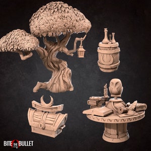 May include: A set of five miniature fantasy figurines, including a tree, a chest, a table with books and a scroll, a barrel with bottles, and an owl. The figurines are made of a light brown material and are designed for tabletop gaming.