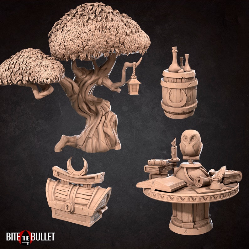 May include: A set of five miniature fantasy figurines, including a tree, a chest, a table with books and a scroll, a barrel with bottles, and an owl. The figurines are made of a light brown material and are designed for tabletop gaming.