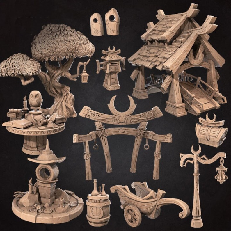 May include: A set of 12 miniature wooden fantasy structures, including a bridge, a gate, a tree, a lamp post, a chest, a barrel, a cart, and a shrine. The structures are painted in a light brown color and have intricate details.