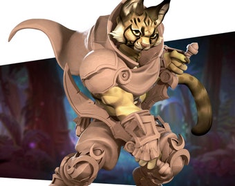 May include: A brown and tan figurine of a lynx-like creature wearing armour and a cloak, holding a sword in its right paw. The figurine is posed in a dynamic stance, with its left paw raised and its head turned to the side.
