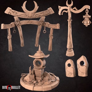 May include: A set of 3D printed miniature wooden structures, including a torii gate, a lamp post, a small shrine, and two stone markers. The structures are made of a light brown material and have intricate details.