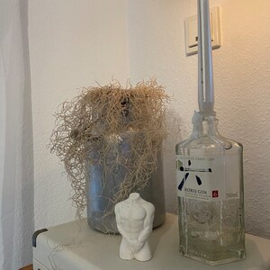 May include: A decorative arrangement featuring a white candle burning atop a clear gin bottle, a gray vase with dried plant material, and a small white torso statue. The bottle has a label that reads "ROKU GIN". The items are on a white surface.