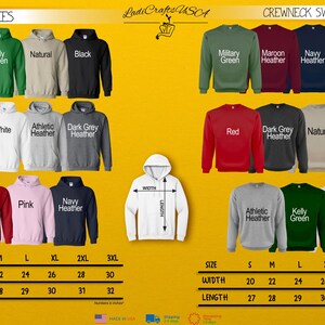 a collection of hoodies and crew neck sweatshirts in various colors and sizes, arranged in a grid format.