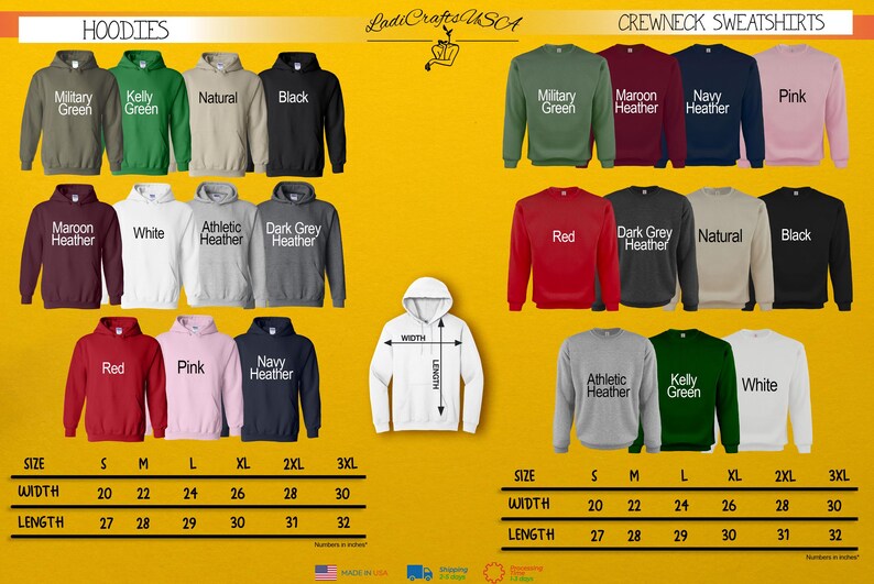 a collection of hoodies and crew neck sweatshirts in various colors and sizes, arranged in a grid format.
