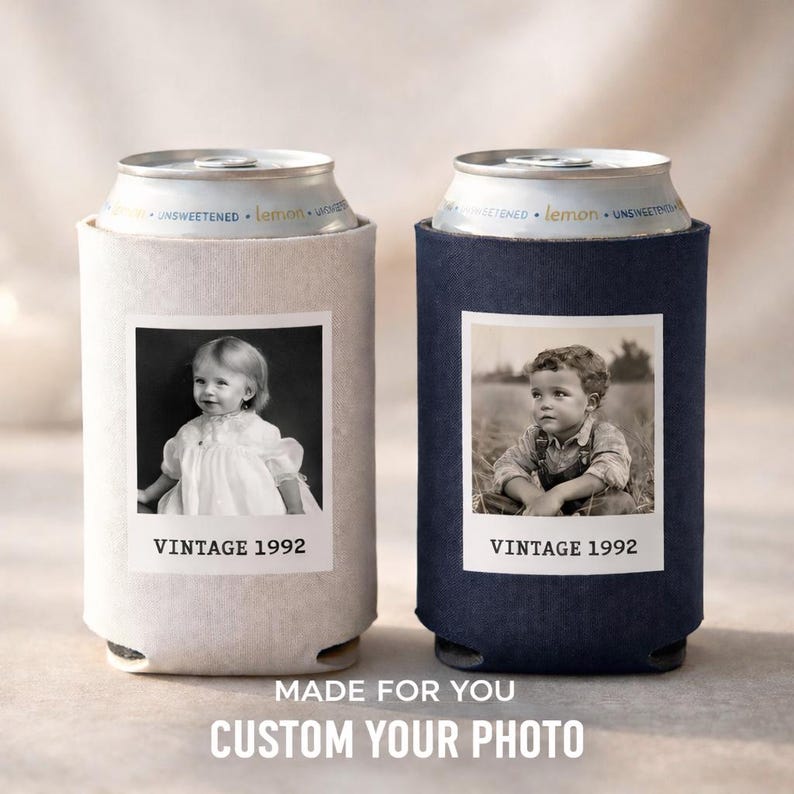 Two custom-made photo can holders, each featuring a black and white photograph of a young child. The text on the can holders reads "VINTAGE 1992" and "VINTAGE 1992", indicating the vintage year of the photos. The phrase "MADE FOR YOU CUSTOM YOUR PHOTO" is displayed at the bottom of the image, suggesting that these can holders are personalized for individual use.