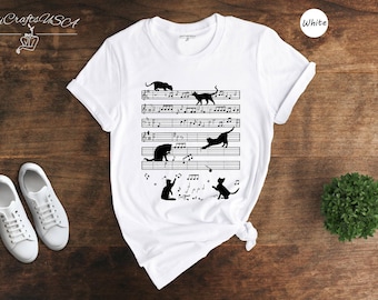 Cat And Music Lover Shirt - Funny Music Note Tee - Black Cat Playing Piano, Cotton, Birthday Gift for Musicians