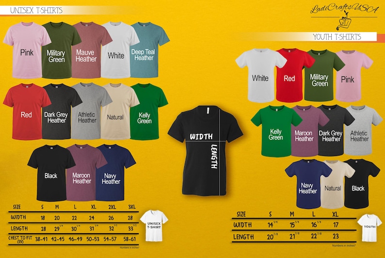 a variety of t-shirts in different colors and sizes, including military green, white, red, black, maroon, navy, and natural. The t-shirts are arranged in two columns, with each row representing a different color and size. The image also includes size and width measurements for each t-shirt, providing a clear visual representation of the available options for customers.