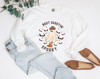 Sudadera espeluznante con estampado de botas, camiseta de Halloween de vaquero del oeste con fantasmas, sudadera retro con estampado de murciélagos para otoño.