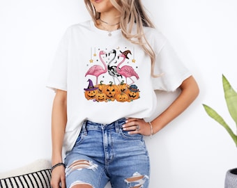 Halloween Flamingo Witch Shirt, Skeleton Flamingo Pumpkin Tee, Spooky Season Retro Fall Shirt, Funny Halloween Gift for Women