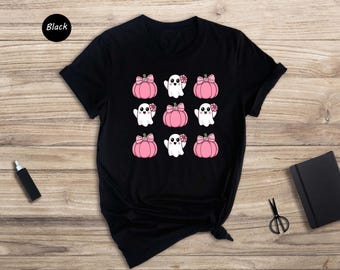 Pink Ghost & Pumpkin Shirt, Cute Halloween Tee for Women, Girly Pastel Fall T-Shirt, Spooky Cute Gift Idea