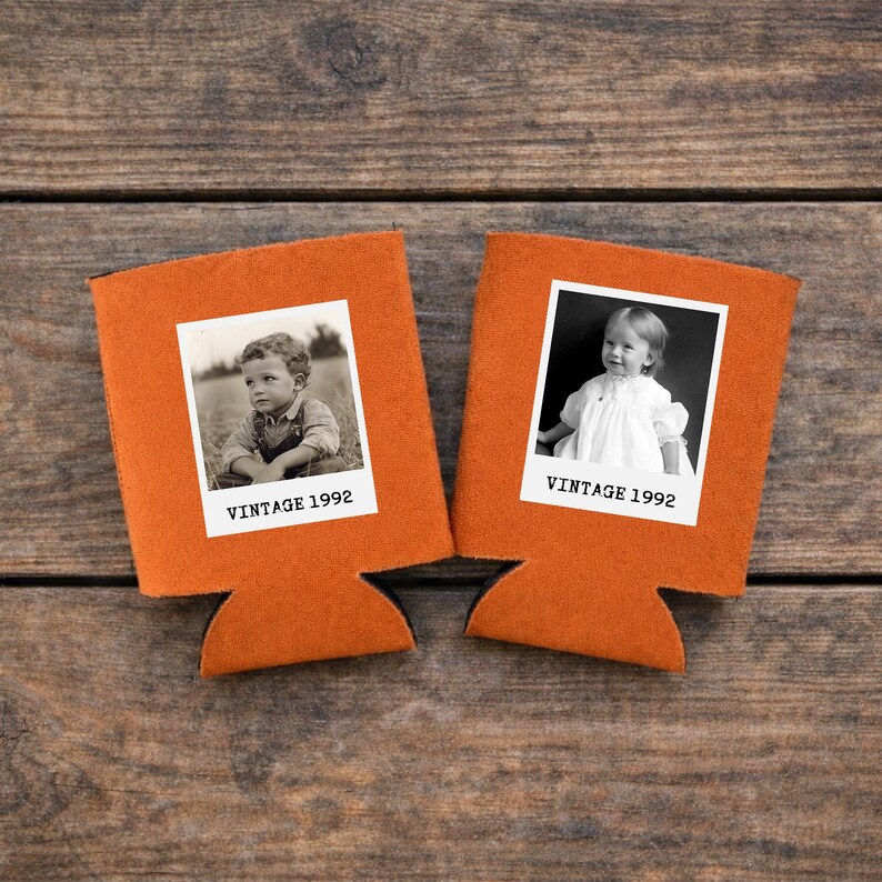 Two orange photo album holders with black and white photographs of young children, labeled as vintage photos from the year 1992.