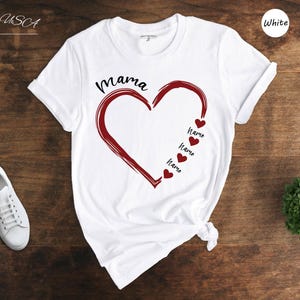 Chemise coeur de maman personnalisée : illustration de prénoms d'enfants - cadeau personnalisé, mélange coton-polyester, vêtements de fête des mères image 7