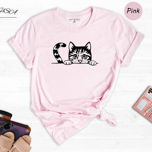 Peeking Cat Shirt Cute Animal Tee, Playful Cat Graphic (Unisex S-3XL, 100% Cotton, Lightweight Comfort) image 1