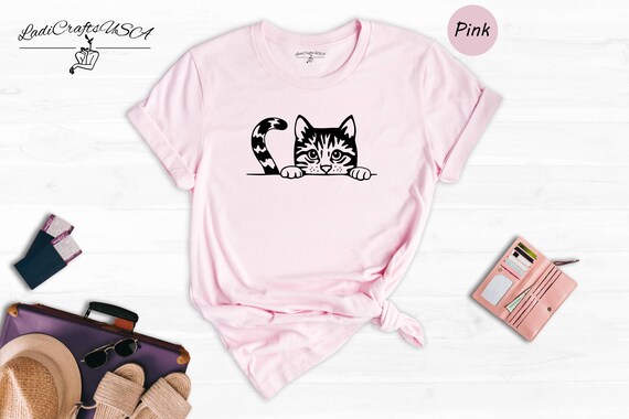 Peeking Cat Shirt Cute Animal Tee, Playful Cat Graphic (Unisex S-3XL, 100% Cotton, Lightweight Comfort)