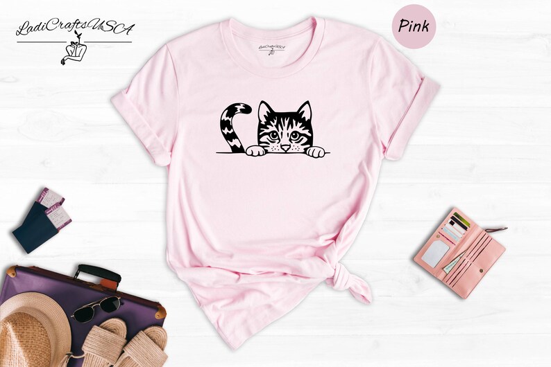 Peeking Cat Shirt Cute Animal Tee, Playful Cat Graphic (Unisex S-3XL, 100% Cotton, Lightweight Comfort) image 1