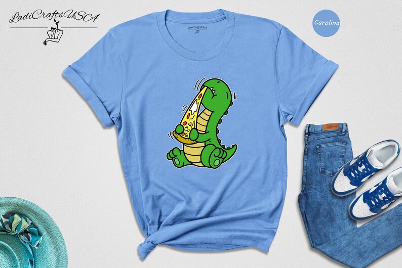 Dino Lover Gift Tee: Dinosaur Eating Pizza Design, Funny Dino Pizza Shirt | Cotton Blend, Unisex Sizes XS-XXL image 4
