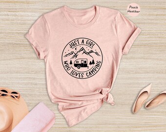 Just A Girl Who Loves Camping Shirt, Mountain Camper Tee, Retro Outdoor T-Shirt, Cute Nature Lover Gift, Unisex Cotton Adventure Shirt