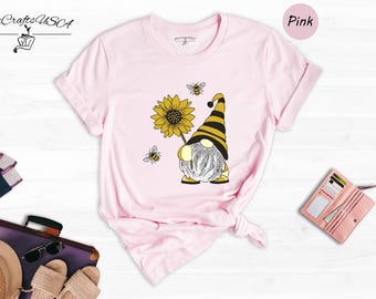 Gnome Shirt Floral Peace Sign Tee: Sunflower & Bee Design, Cotton Blend, Relaxed Fit | Unisex Sizes, Spring Style
