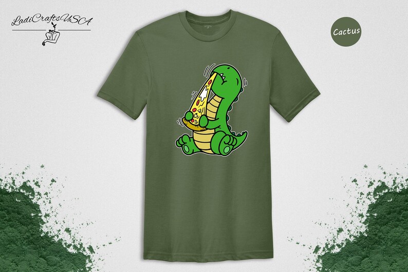 Dino Lover Gift Tee: Dinosaur Eating Pizza Design, Funny Dino Pizza Shirt | Cotton Blend, Unisex Sizes XS-XXL image 3