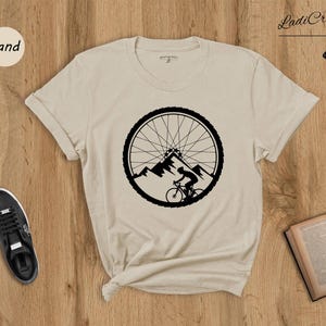 Mountain Bike Wheel Shirt, Cycling Mountain Landscape Tee, Bike Wheel Graphic T-Shirt, Gift for Cyclist image 1