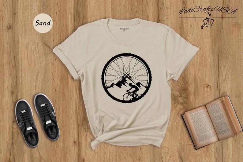 Mountain Bike Wheel Shirt, Cycling Mountain Landscape Tee, Bike Wheel Graphic T-Shirt, Gift for Cyclist image 1