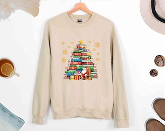 Book Lover Christmas Tree Sweatshirt, Santa Reading Books Sweater, Librarian Teacher Xmas Gift, Bookish Holiday Crewneck