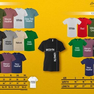 a variety of t-shirts in different colors and sizes, including military green, white, red, black, maroon, navy, and natural. The t-shirts are arranged in two columns, with each row representing a different color and size. The image also includes size and width measurements for each t-shirt, providing a clear visual representation of the available options for customers.