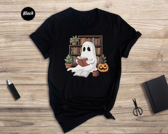 Bookish Ghost Shirt, Cute Reading Ghost Tee, Halloween Library Book Lover Gift, Spooky Bookworm Shirt, Cozy Fall Tee