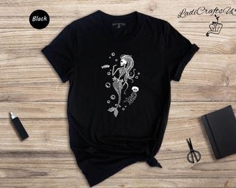 Mermaid Skeleton Halloween Party Tee: Spooky Skelemaid Graphic Shirt, Cotton Blend (Unisex XS-XXL, Comfortable Fit)