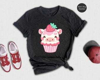 Strawberry Cow Cupcake Shirt, Cute Kawaii Cow Print Tee, Strawberry Milk Cow Shirt, Birthday Gift for Girls, Cute Farm Animal Top