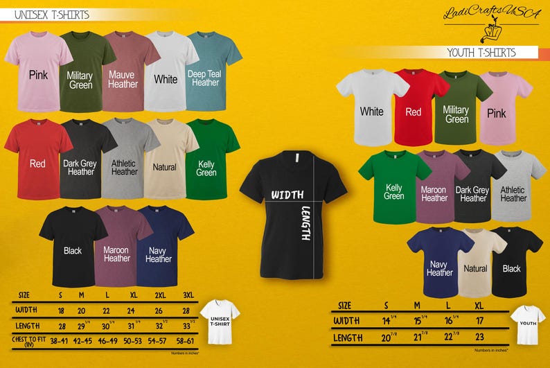 a variety of t-shirts in different colors and sizes, including military green, white, red, black, maroon, navy, and natural. The t-shirts are arranged in two columns, with each row representing a different color and size. The image also includes size and width measurements for each t-shirt, providing a clear visual representation of the available options for customers.