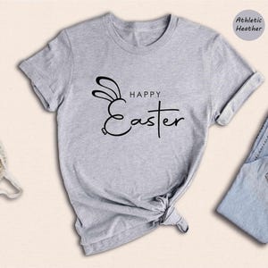 Happy Easter Shirt, Bunny Ears Script Tee, Minimalist Easter Top, Cute Spring Gift for Her