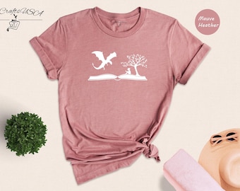 Girl and Dragon Book Shirt Reading Tee, Whimsical Print (Unisex XS-XXL, 100% Cotton or Cotton Blend)