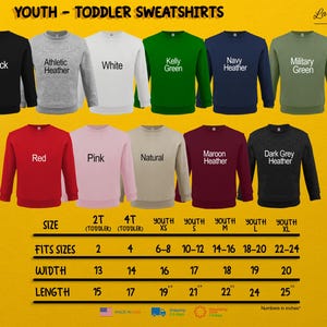 a collection of youth-sized toddler sweatshirts in various colors and sizes, arranged in a grid format with size and fit information.