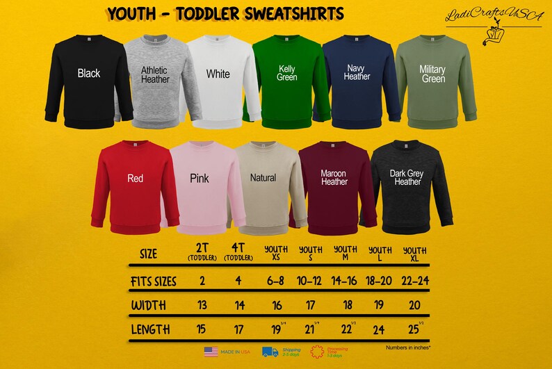 a collection of youth-sized toddler sweatshirts in various colors and sizes, arranged in a grid format with size and fit information.