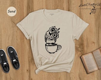 Coffee Owl Shirt - Night Owl Studying Tee - Nocturnal Animal Print, Cotton Blend, Casual Wear for Night Shift