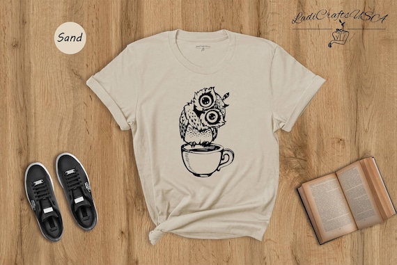 Coffee Owl Shirt - Night Owl Studying Tee - Nocturnal Animal Print, Cotton Blend, Casual Wear for Night Shift