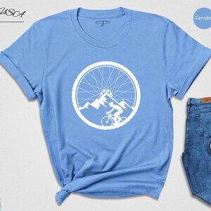 Mountain Bike Wheel Shirt, Cycling Mountain Landscape Tee, Bike Wheel Graphic T-Shirt, Gift for Cyclist image 2