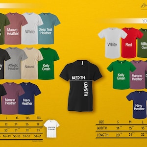 a variety of t-shirts in different colors and sizes, including military green, white, red, black, maroon, navy, and natural. The t-shirts are arranged in two columns, with each row representing a different color and size. The image also includes size and width measurements for each t-shirt, providing a clear visual representation of the available options for customers.