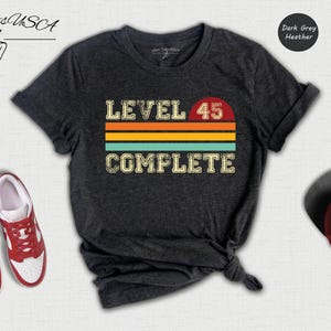 Level 45 Complete Shirt, Retro Gamer 45th Birthday Tee, Funny Video Game Gift for Men Women, Vintage Sunset Stripe Graphic Shirt