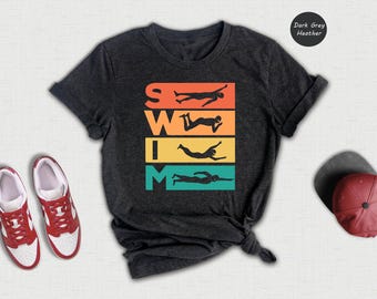 Retro Swim Shirt, Vintage Swimmer Silhouette Tee, Colorful Sunset Swimming T-Shirt, Gift for Swim Team Coach, Summer Beach Unisex Shirt