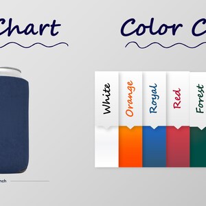 a size chart and color chart, with a blue can labeled as a size chart and a row of colored ribbons labeled as a color chart.