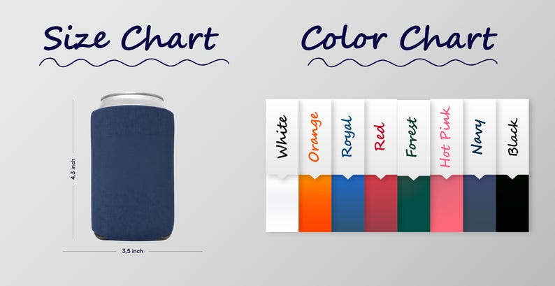 a size chart and color chart, with a blue can labeled as a size chart and a row of colored ribbons labeled as a color chart.