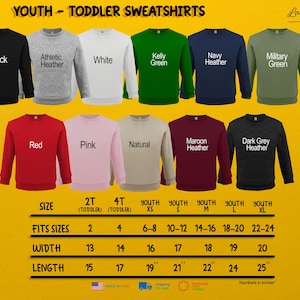 a collection of youth-sized toddler sweatshirts in various colors and sizes, arranged in a grid format with size and fit information.