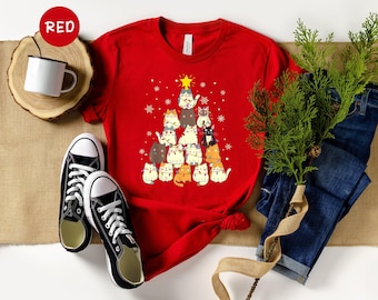 Cat Tree Shirt Christmas Tee: Festive Cat Lover Design - Cotton Blend, Relaxed Fit, Holiday Party Wear