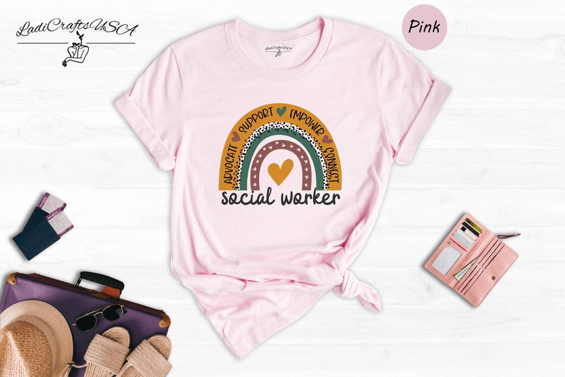 Social Worker Shirt, Boho Rainbow Heart Tee, Advocate Support Empower Gift, Social Work Squad Top image 4